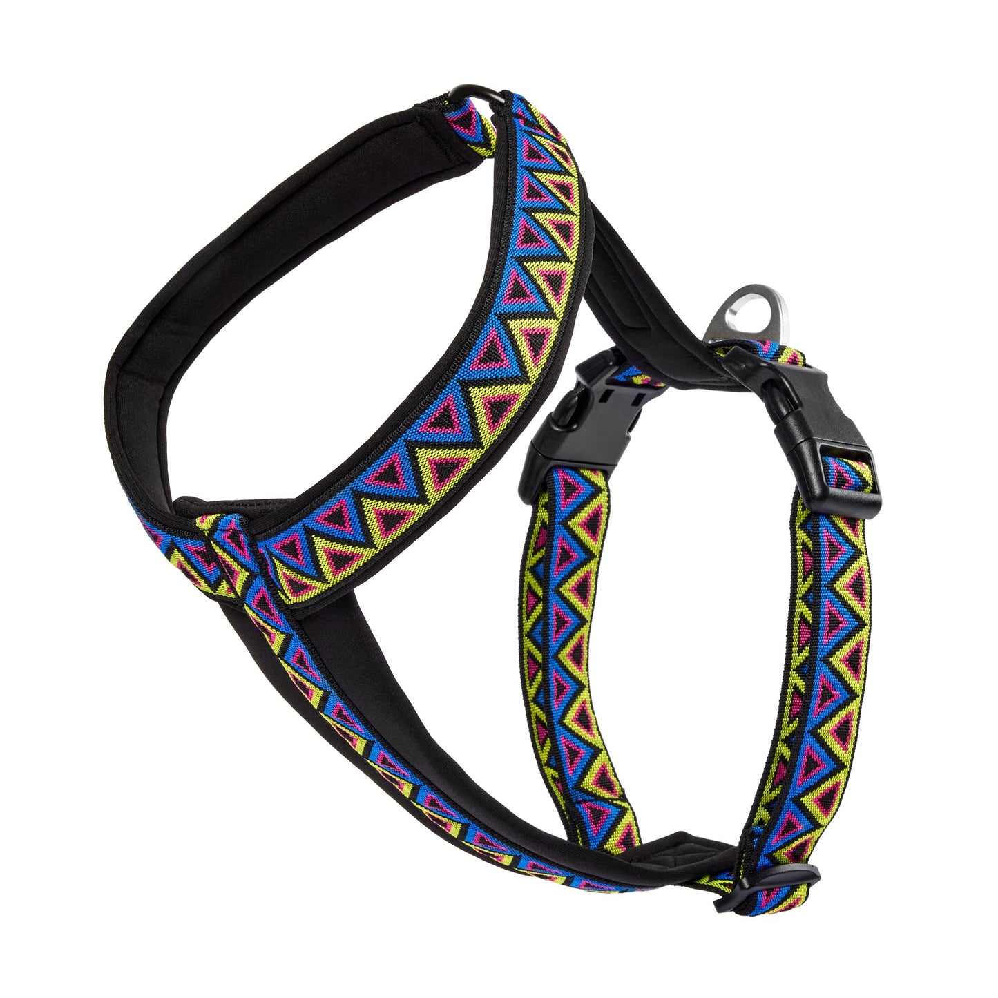 Black pink blue and yellow high quality Y dog harness. Made for wholesome adventures with your dog. Super soft and comfy for your dog, padded with non-abrasive neoprene so even when wet it stays comfortable.