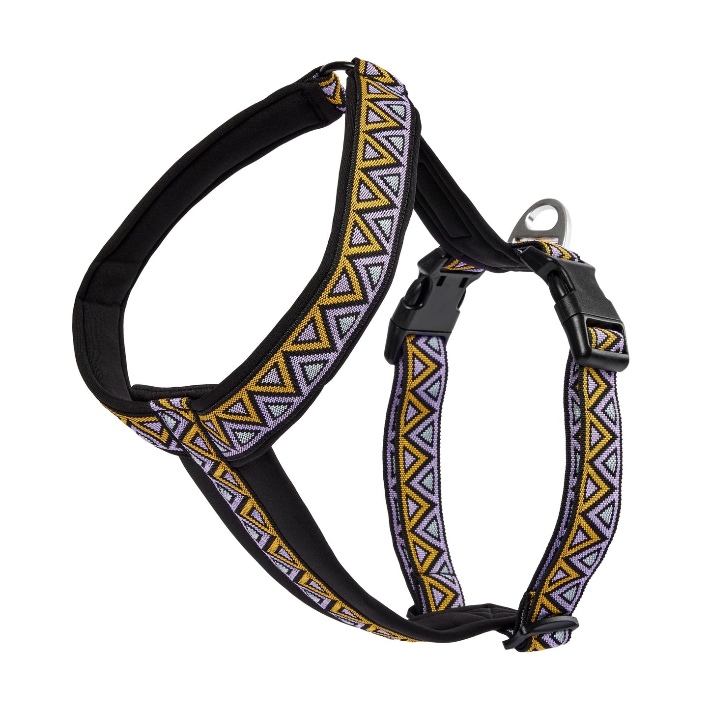 Y shaped harness, purple orange and blck high quality jacquard. Made for outdoor adventures like hiking, camping and traveling with your dog. Sturdy and strong buckles and d-ring