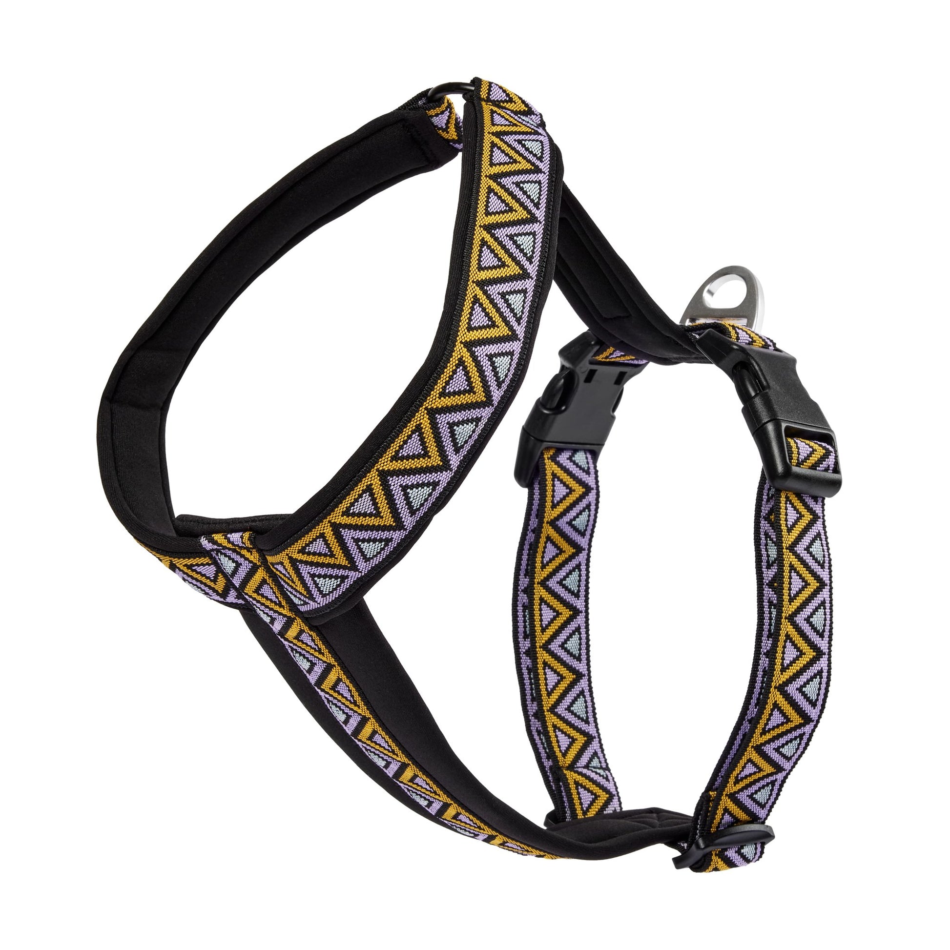 Y shaped harness, purple orange and blck high quality jacquard. Made for outdoor adventures like hiking, camping and traveling with your dog. Sturdy and strong buckles and d-ring