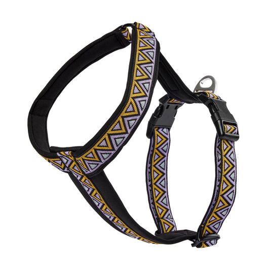 Y shaped harness, purple orange and blck high quality jacquard. Made for outdoor adventures like hiking, camping and traveling with your dog. Sturdy and strong buckles and d-ring