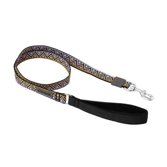 durable dog lead made for outdoor adventures, purple orange and black jacquard with a soft comfy neoprene black handle. Offers maximum comfort and control for walks hikes and more. Perfect for active dogs and their dog parents
