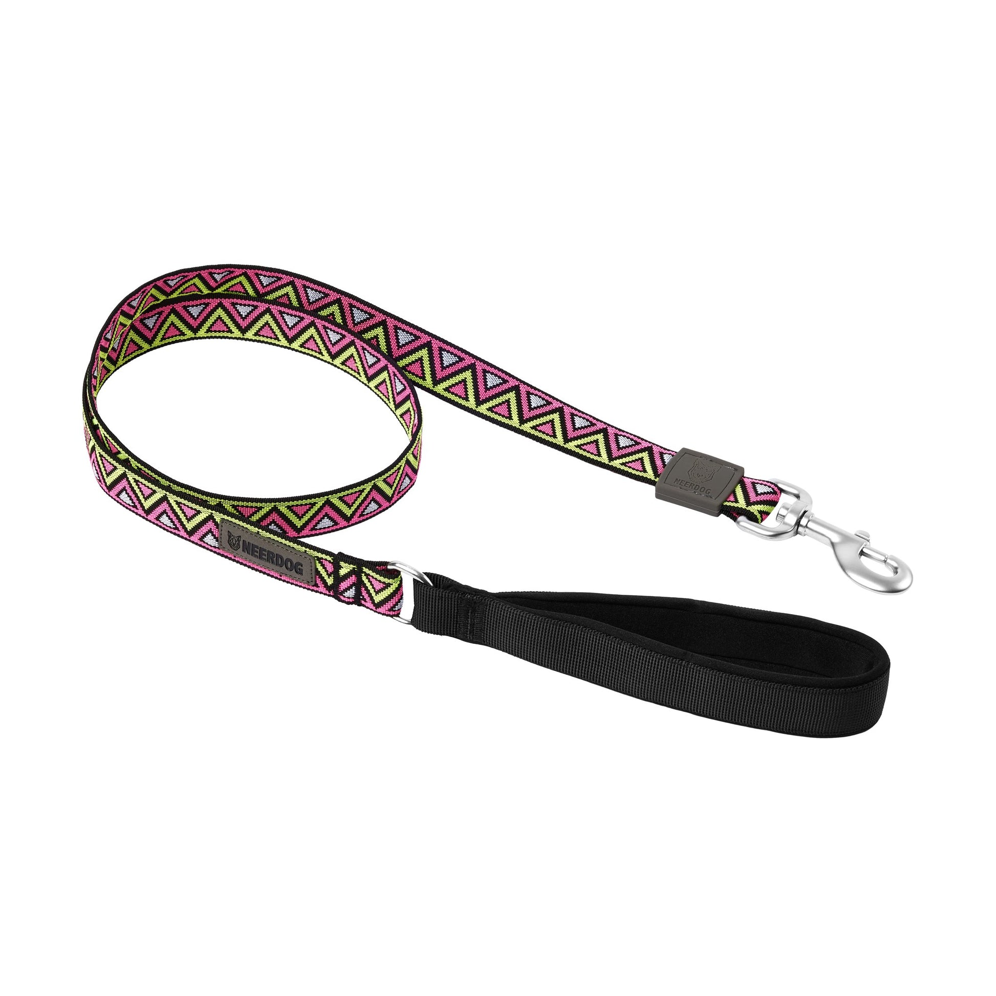 Pink yellow and black jacquard super strong dog lead. Perfect for dogs that pull, offers long lasting comfort and looks great. Very stylish and equally practical.