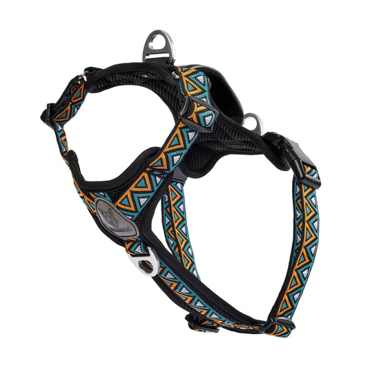 side view of a premium black green and orange breathable padded dog harness with adjustable straps and side buckles for a secure fit reflective strips and sturdy neoprene lined handle