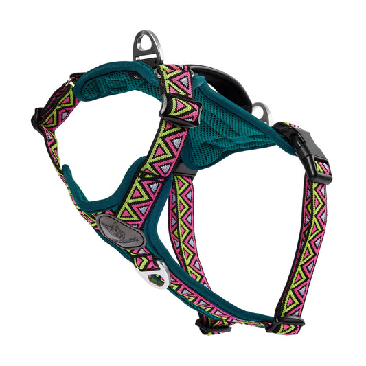 side angle of a fully adjustable best dog hiking harness for outdoor adventures, breathable and durable with reflective piping on neoprene lined comfy handle. Ideal for small medium and large dogs that love adventure