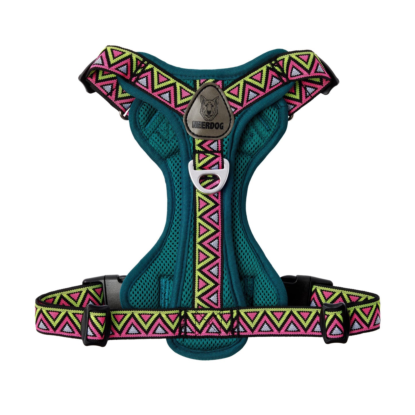 font view of the best dog hiking harness for adventurous dogs that love hiking camping and weekends away. The most durable materials and comfortable Y shape padded chest plate
