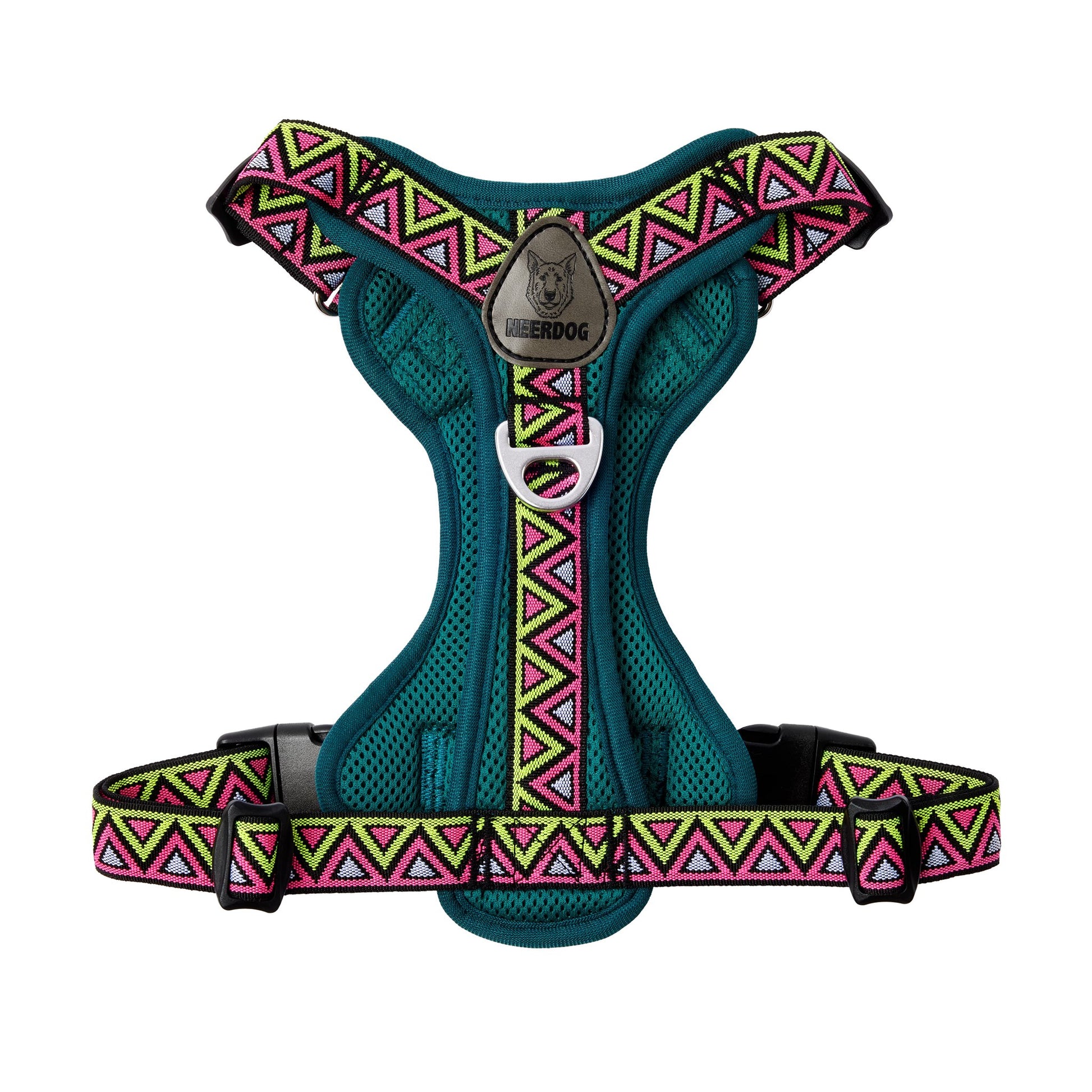 font view of the best dog hiking harness for adventurous dogs that love hiking camping and weekends away. The most durable materials and comfortable Y shape padded chest plate