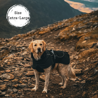 Golden retriever dog wearing softshell dog coat, make for dogs that hike in the rain and colder weather. Reflective piping for extra safety, lightweight and comfortable not too bulky. Stylish and perfect fit for all dog breeds and sizes.